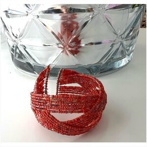 Vintage 90s Burnt Orange Glass Seed Bead Cuff Bracelet - Treasure Hunt Gift